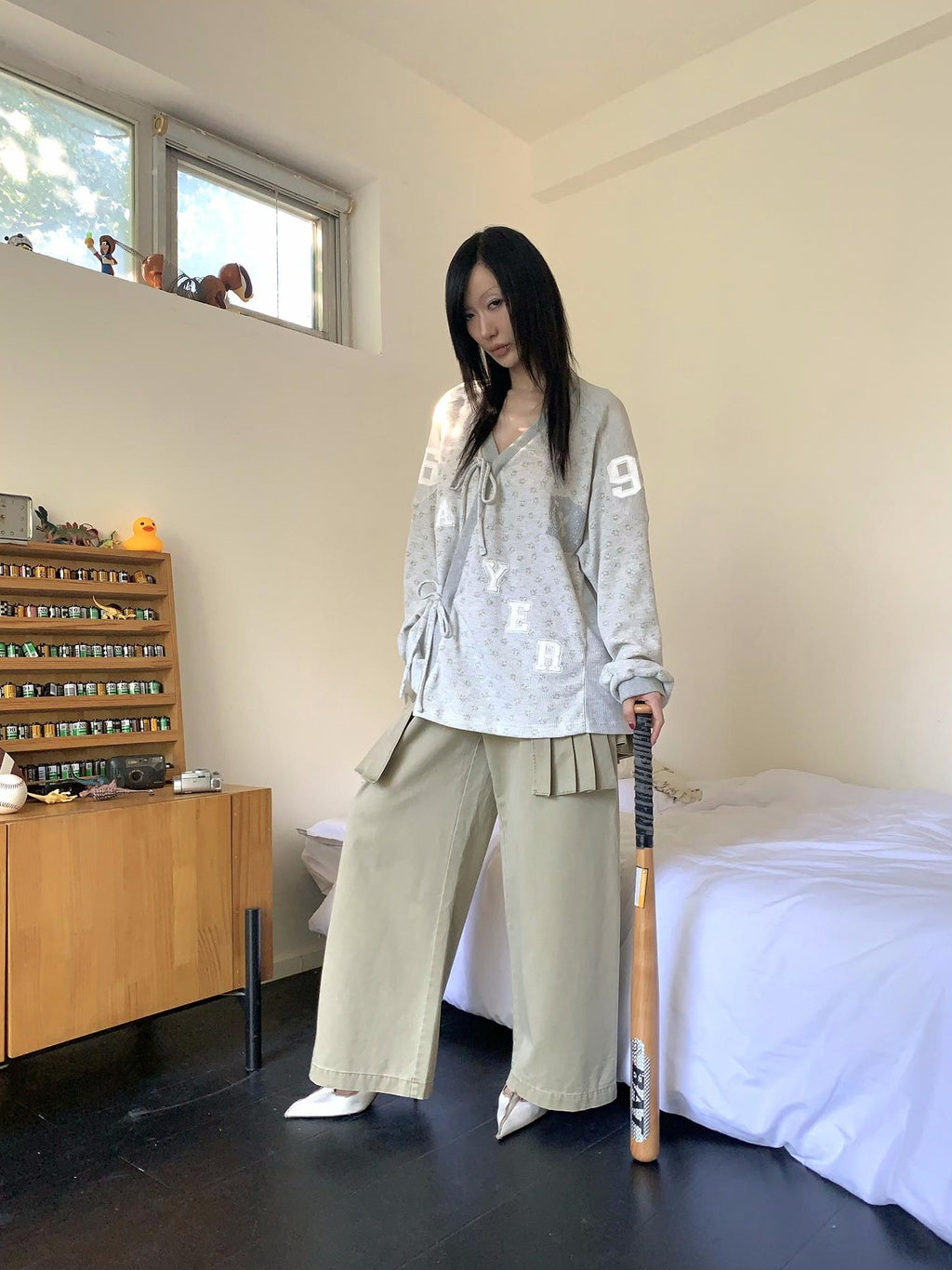 FOURFORTY Washed Distressed Pleated Straight Leg Cotton Women's Cargo Pants