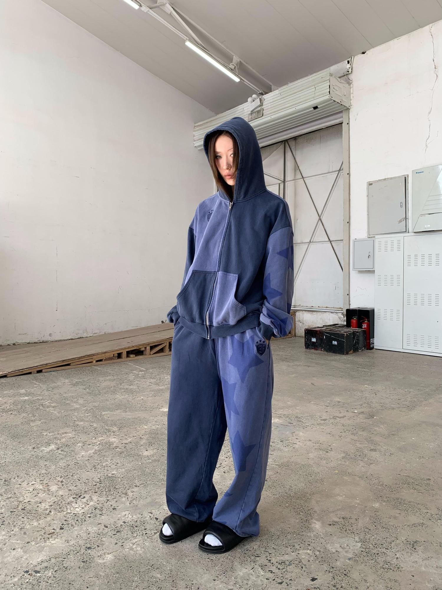 FOURFORTY Washed Indigo Patchwork Shadow Star Print Women's Tracksuit Sets