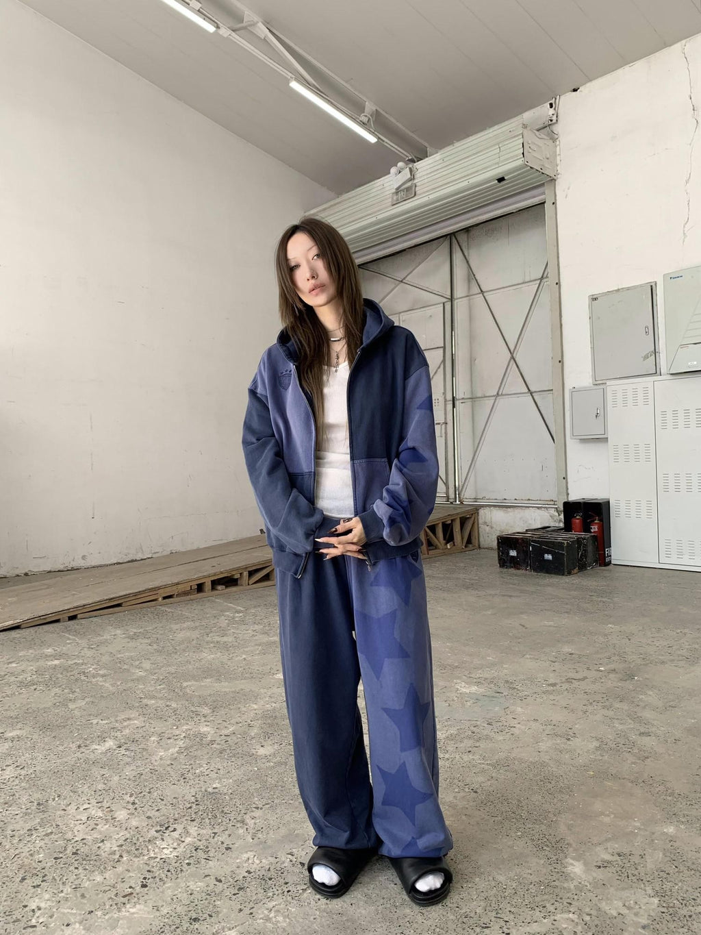 FOURFORTY Washed Indigo Patchwork Shadow Star Print Women's Tracksuit Sets