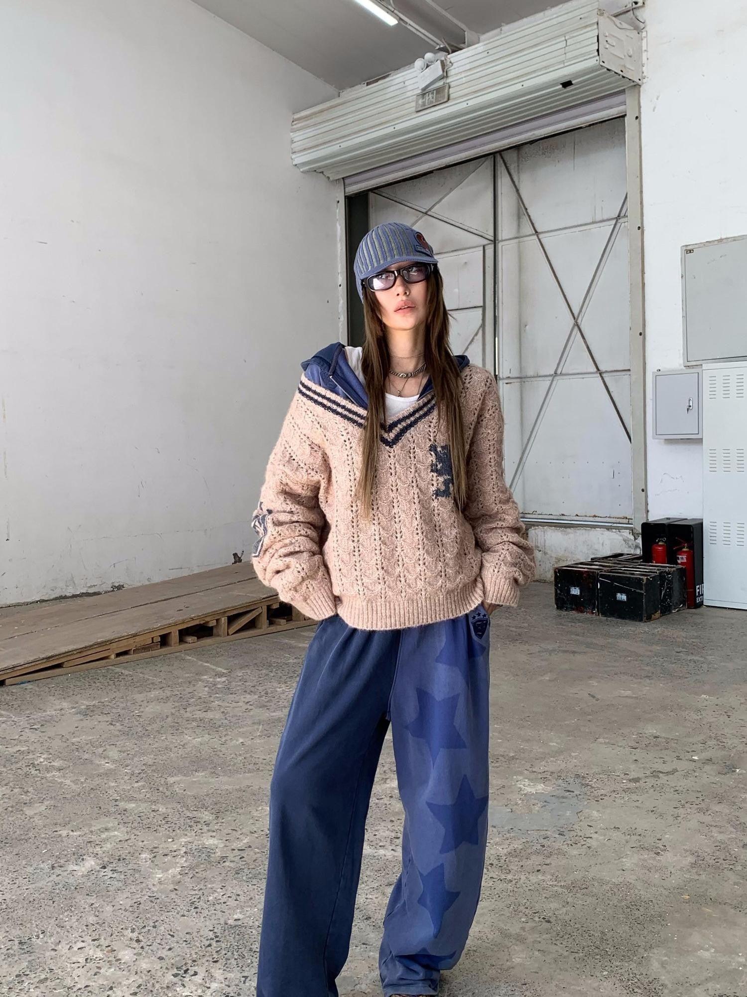 FOURFORTY Washed Indigo Patchwork Shadow Star Print Women's Tracksuit Sets