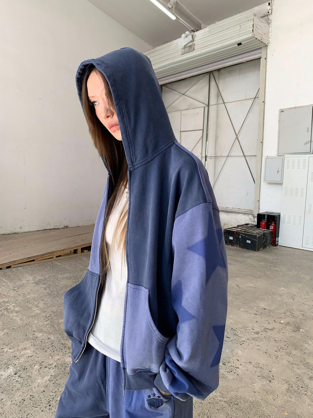 FOURFORTY Washed Indigo Patchwork Shadow Star Print Women's Tracksuit Sets