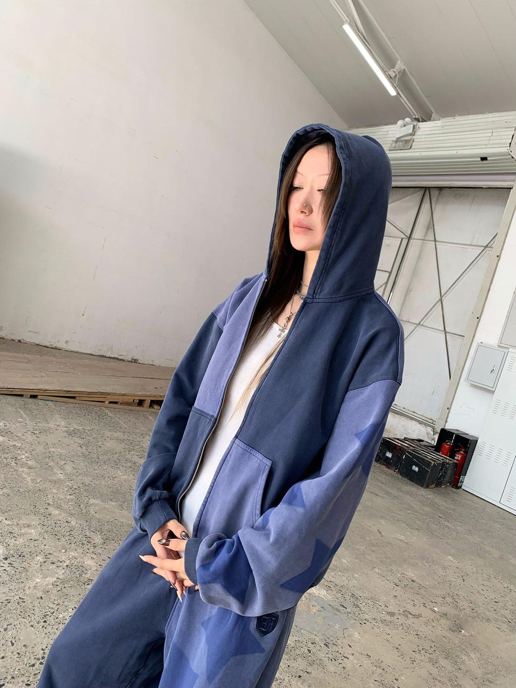 FOURFORTY Washed Indigo Patchwork Shadow Star Print Women's Tracksuit Sets