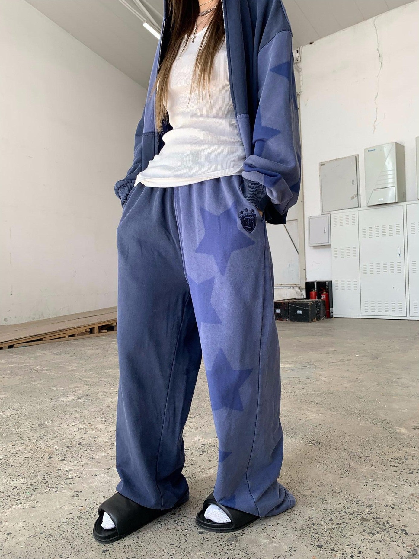 FOURFORTY Washed Indigo Patchwork Shadow Star Print Women's Tracksuit Sets