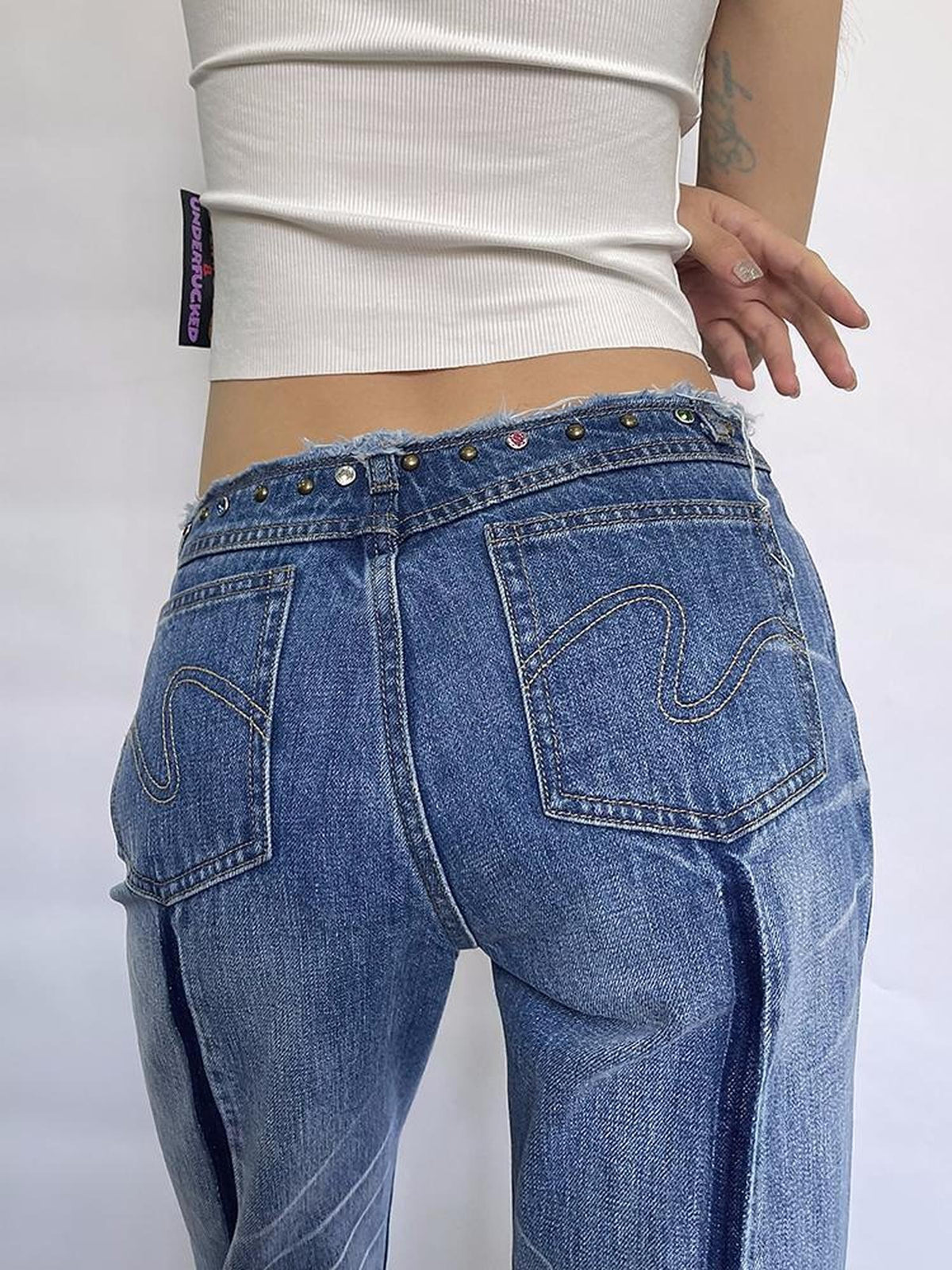 FOURFORTY Washed Studded Gemstone Slimming Women's Cotton Stretch Denim Straight-leg Jeans