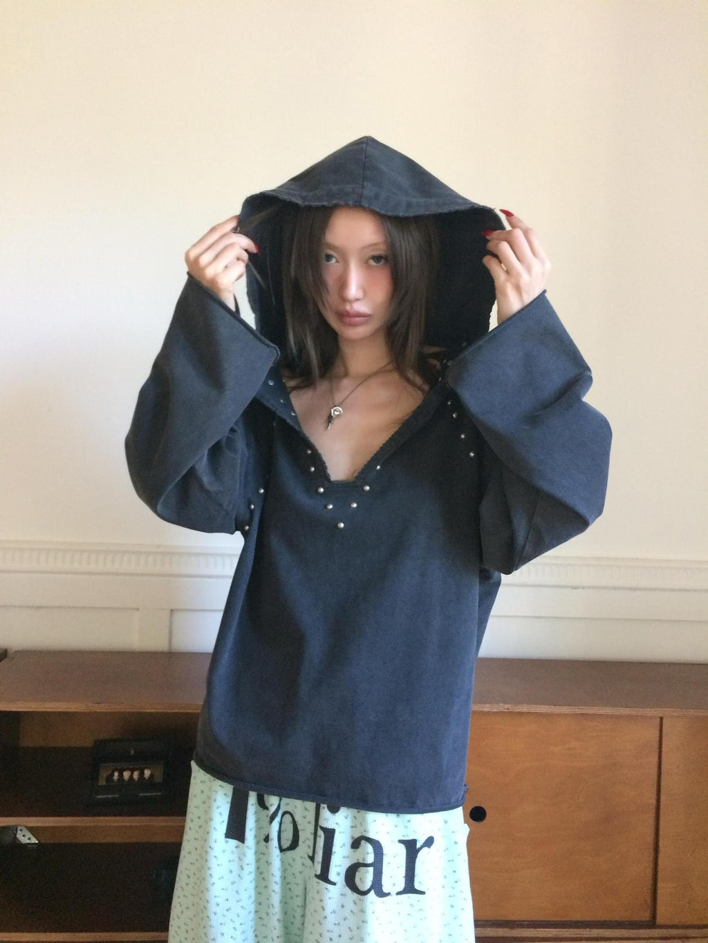 FOURFORTY Washed Studded Loose Fit Women's Cotton Pullover Hoodies