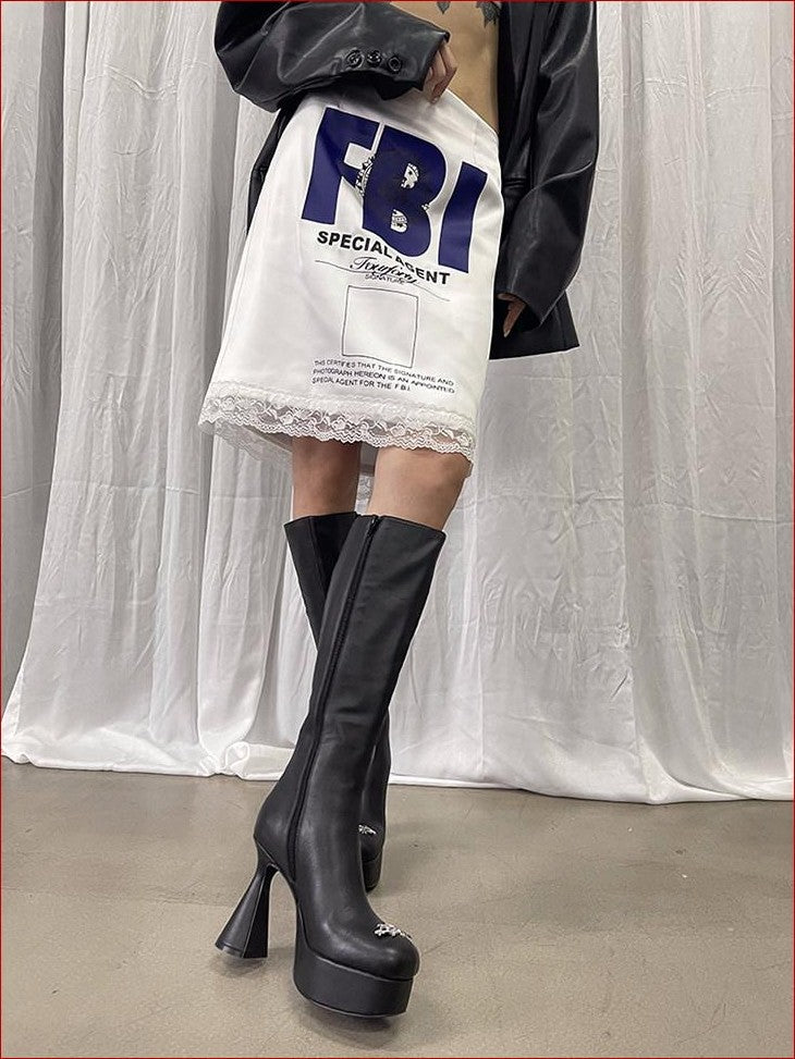 FOURFORTY White Acetate Lace A Line Mid Waist Women's Slim Fitted Midi Skirts