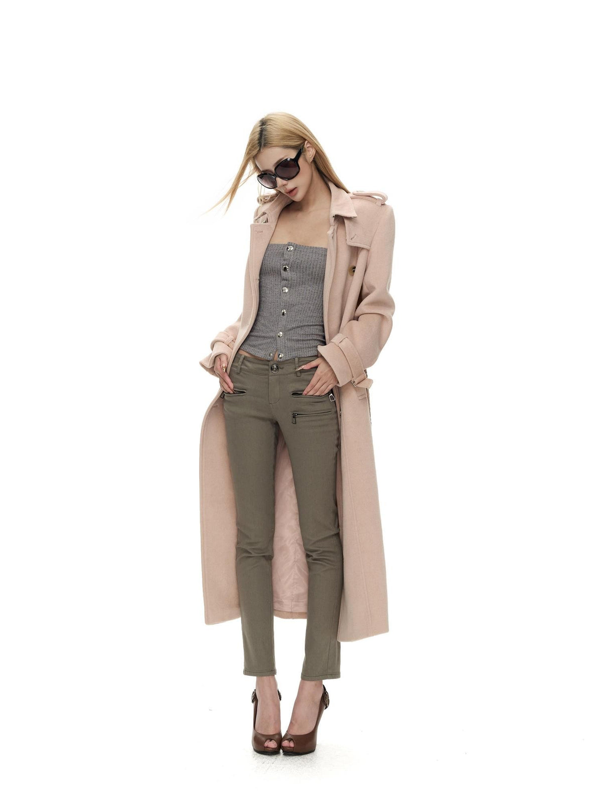 Fanptntox Army Green Multi Pocket Woven Mid Rise Women's Cotton Skinny Pants