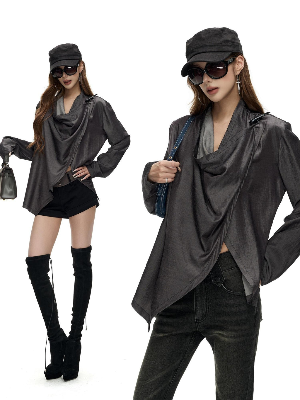 Fanptntox Asymmetric Draped Cow Horn Button Slit Hem Women's Loose Long Sleeve T-shirts