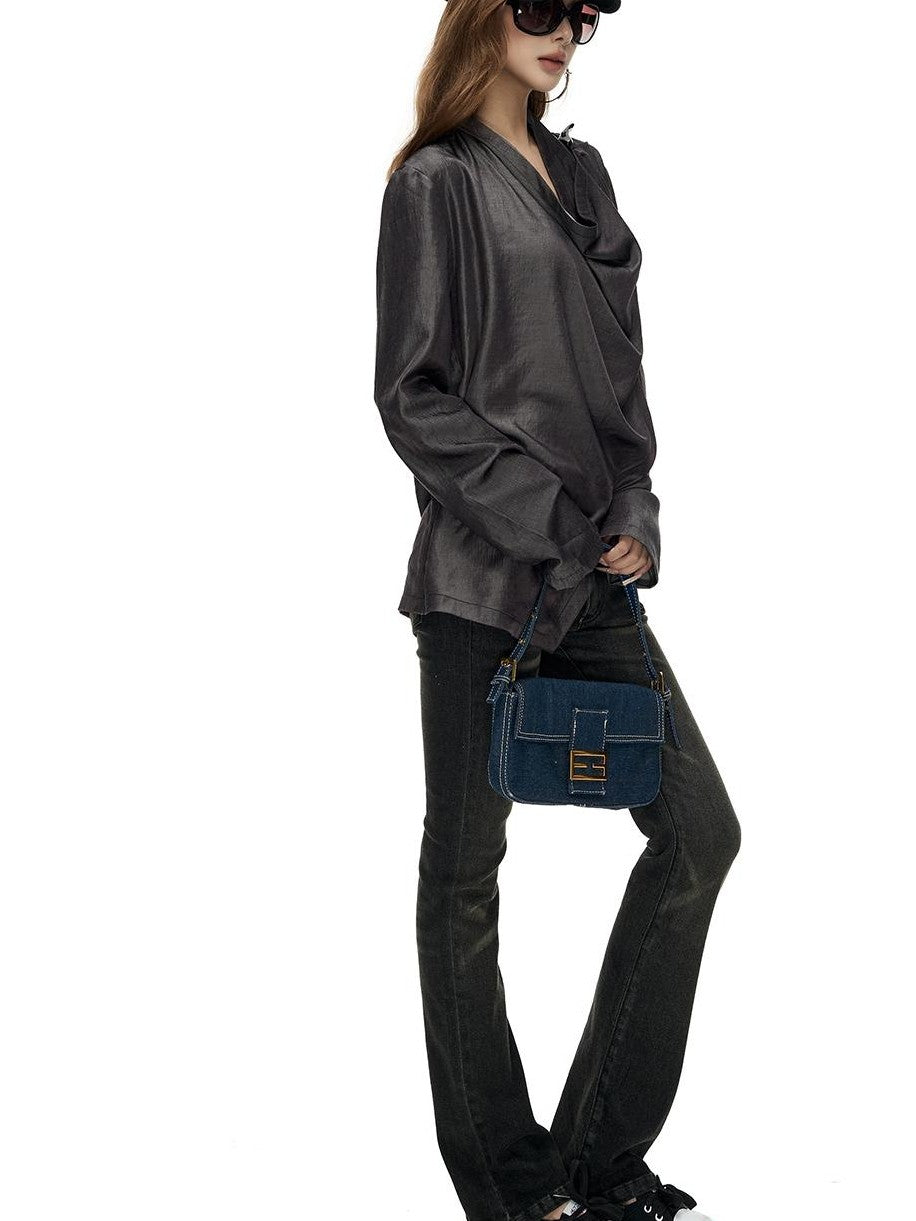 Fanptntox Asymmetric Draped Cow Horn Button Slit Hem Women's Loose Long Sleeve T-shirts