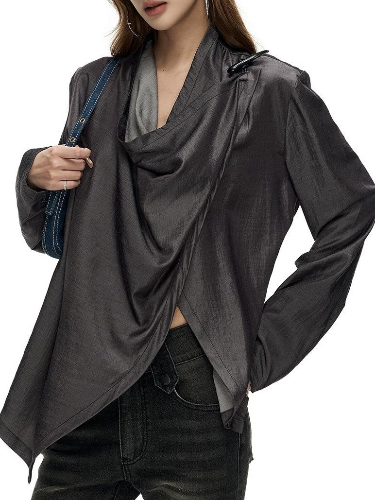 Fanptntox Asymmetric Draped Cow Horn Button Slit Hem Women's Loose Long Sleeve T-shirts
