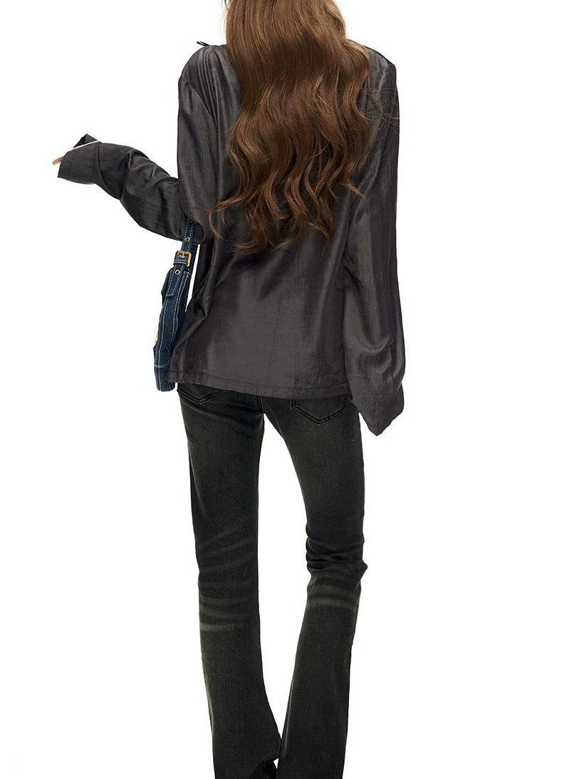 Fanptntox Asymmetric Draped Cow Horn Button Slit Hem Women's Loose Long Sleeve T-shirts