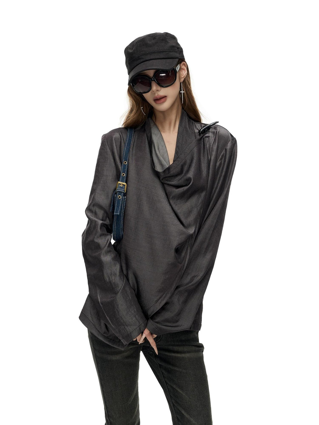 Fanptntox Asymmetric Draped Cow Horn Button Slit Hem Women's Loose Long Sleeve T-shirts