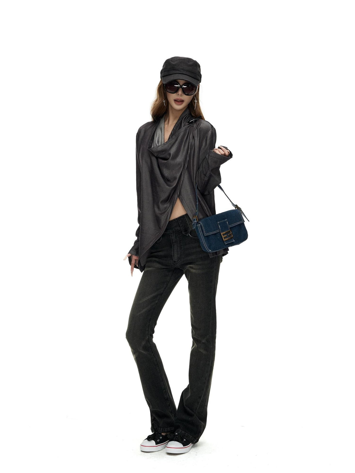 Fanptntox Asymmetric Draped Cow Horn Button Slit Hem Women's Loose Long Sleeve T-shirts