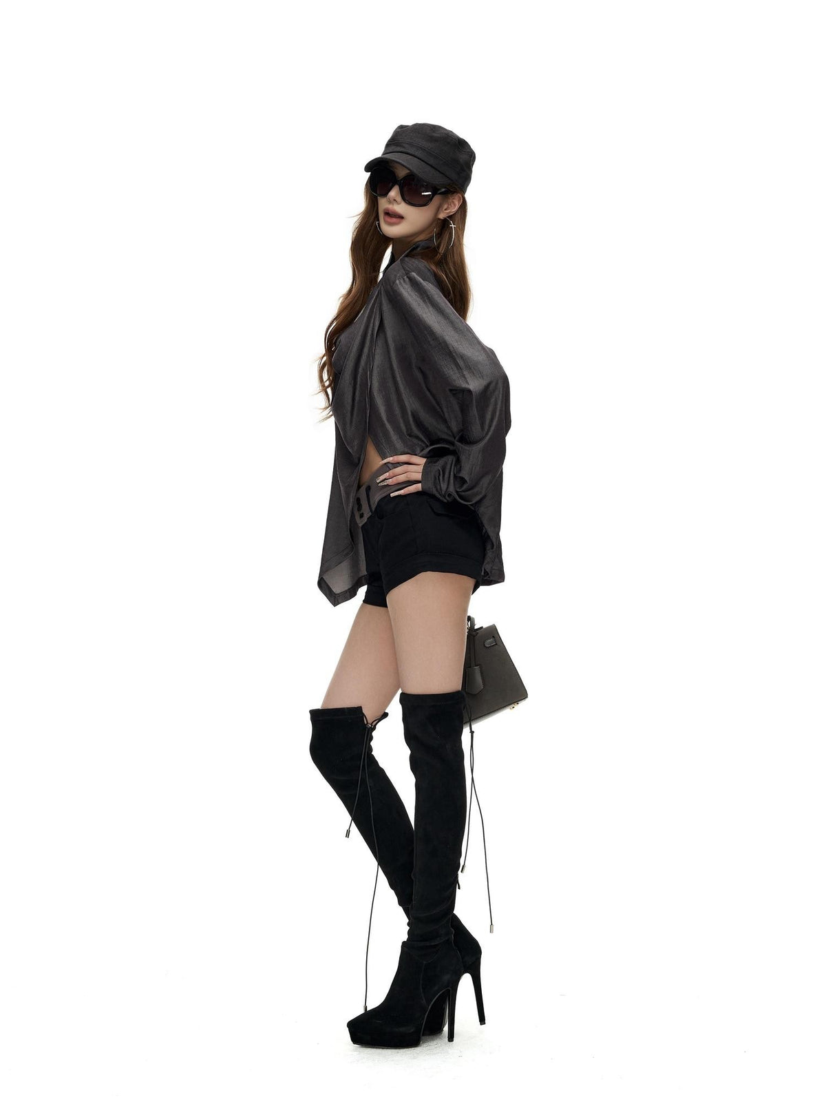Fanptntox Asymmetric Draped Cow Horn Button Slit Hem Women's Loose Long Sleeve T-shirts