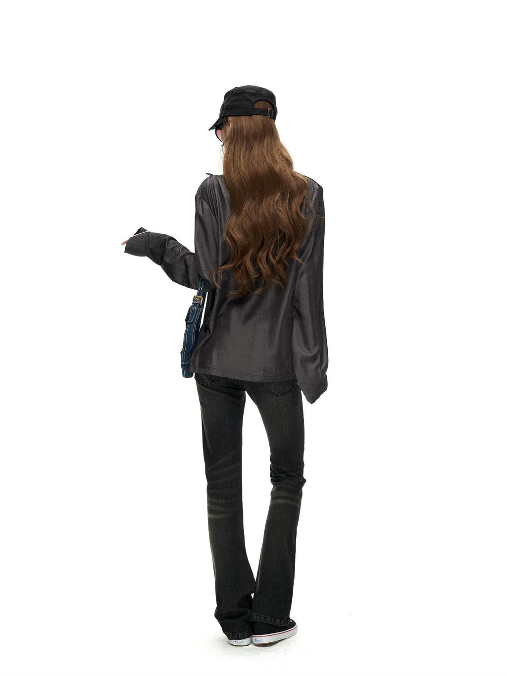 Fanptntox Asymmetric Draped Cow Horn Button Slit Hem Women's Loose Long Sleeve T-shirts