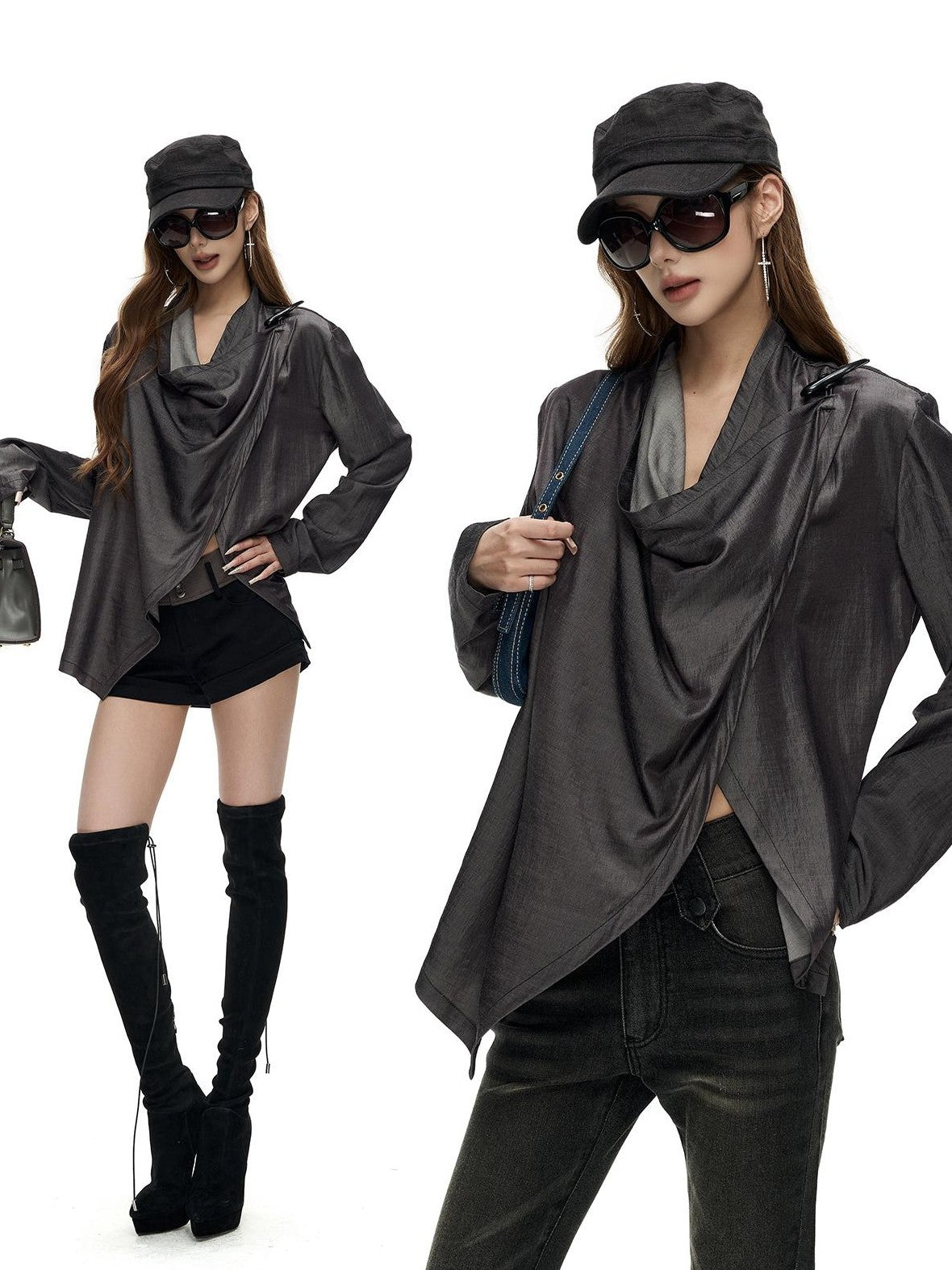 Fanptntox Asymmetric Draped Cow Horn Button Slit Hem Women's Loose Long Sleeve T-shirts