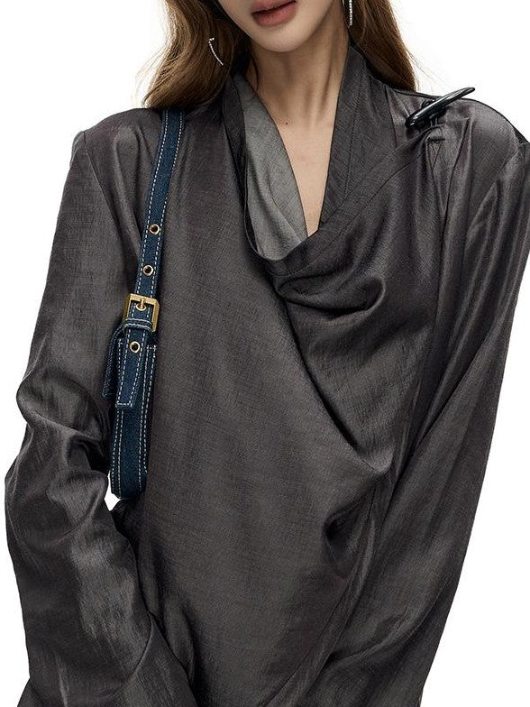 Fanptntox Asymmetric Draped Cow Horn Button Slit Hem Women's Loose Long Sleeve T-shirts