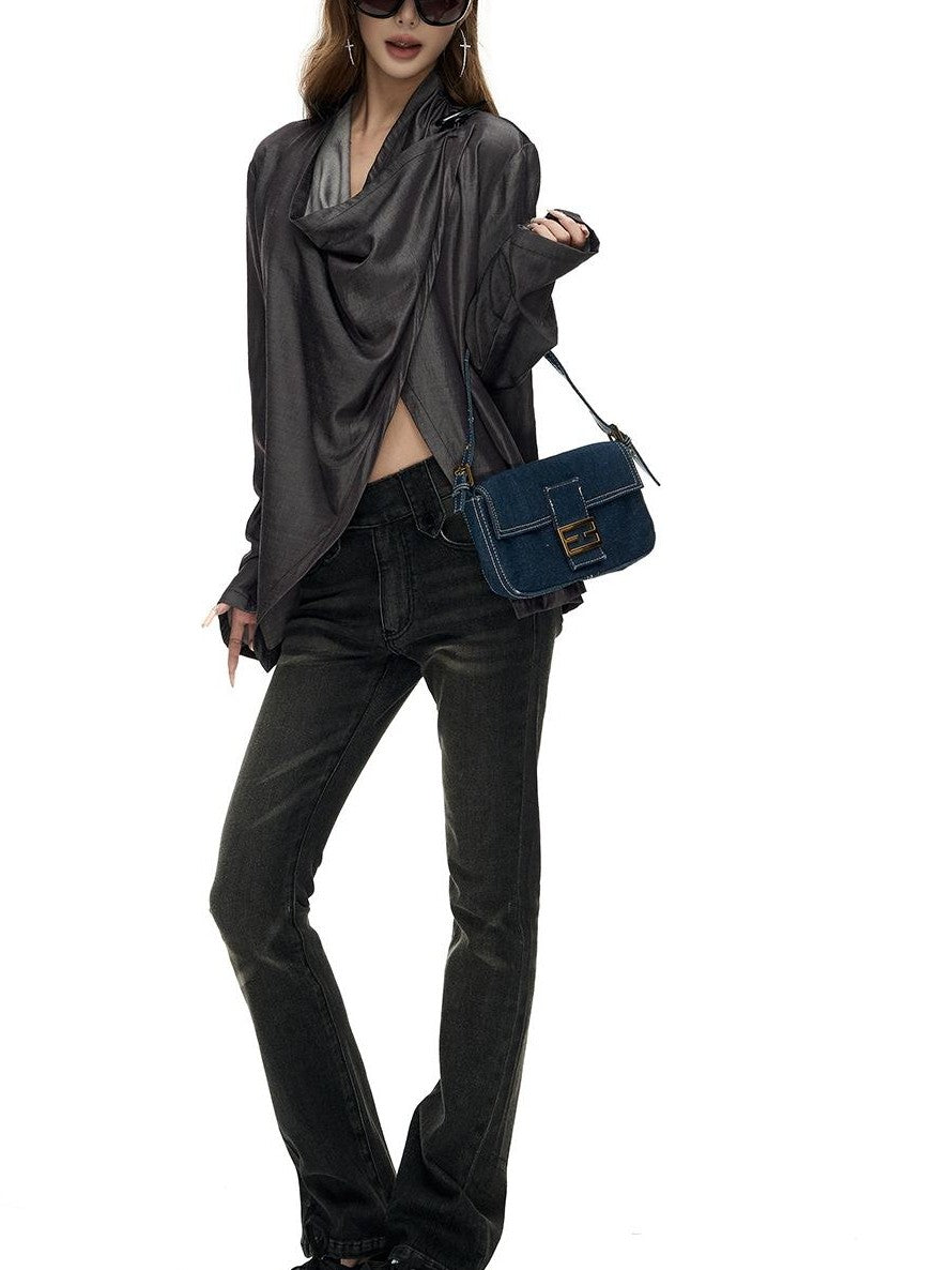 Fanptntox Asymmetric Draped Cow Horn Button Slit Hem Women's Loose Long Sleeve T-shirts