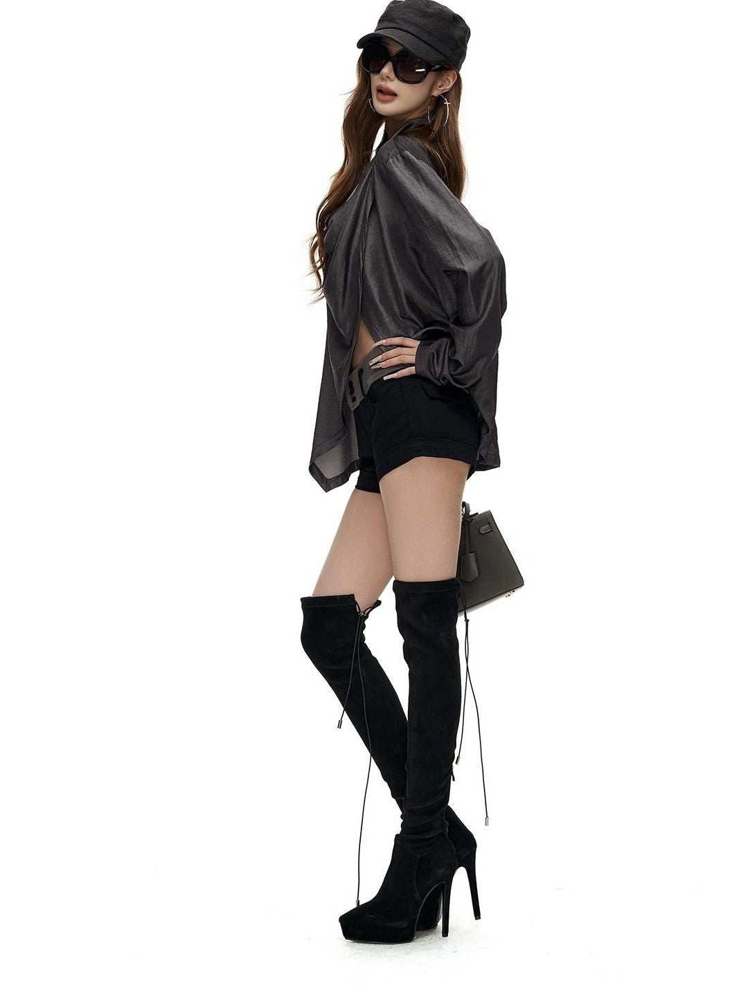 Fanptntox Asymmetric Draped Cow Horn Button Slit Hem Women's Loose Long Sleeve T-shirts