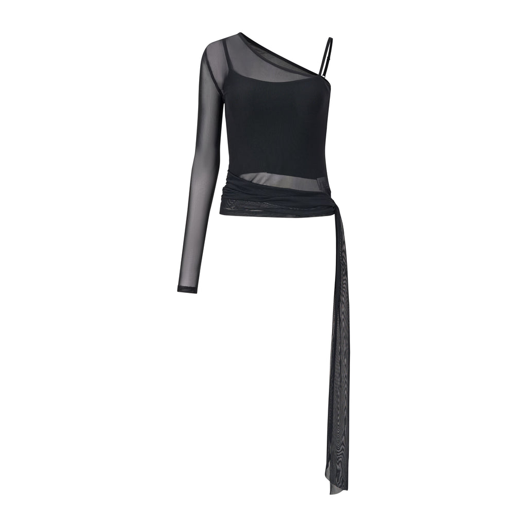 Fanptntox_Asymmetric_Ribbon_One_Shoulder_Slim_Fit_Black_Women's_Long_Sleeve_T-shirts_779901754706_MISSTT