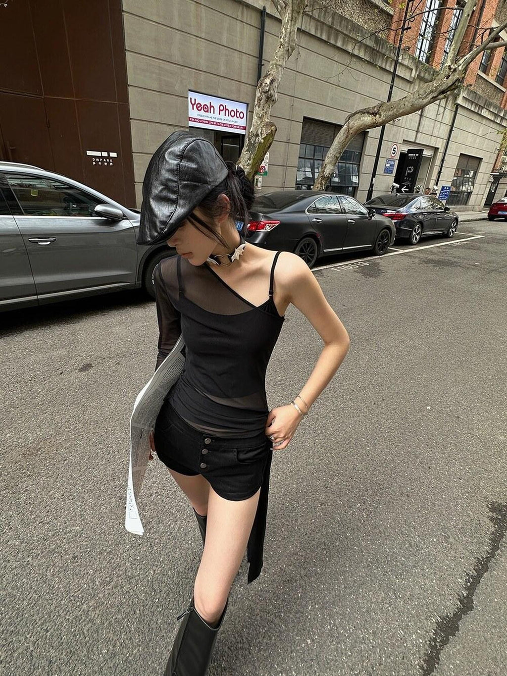 Fanptntox Asymmetric Ribbon One Shoulder Slim Fit Black Women's Long Sleeve T-shirts