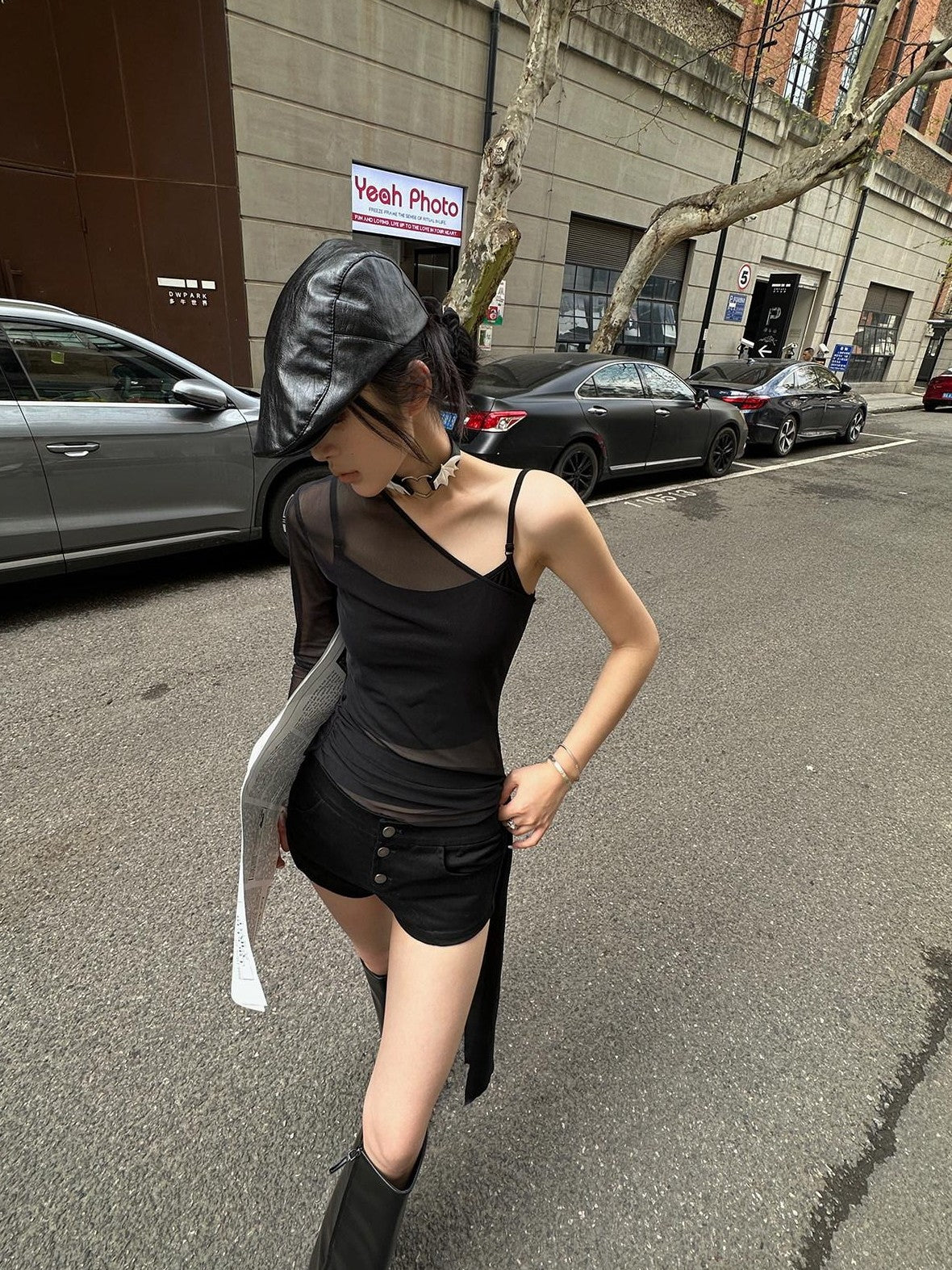 Fanptntox Asymmetric Ribbon One Shoulder Slim Fit Black Women's Long Sleeve T-shirts