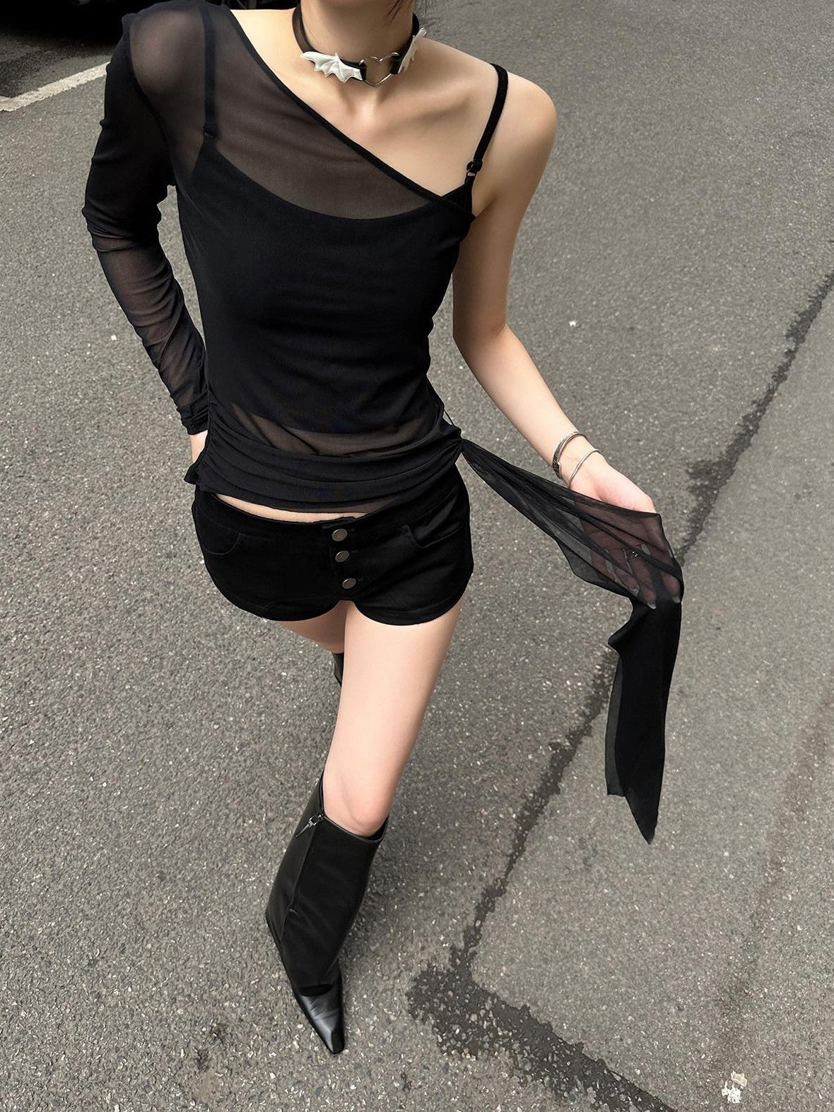 Fanptntox Asymmetric Ribbon One Shoulder Slim Fit Black Women's Long Sleeve T-shirts