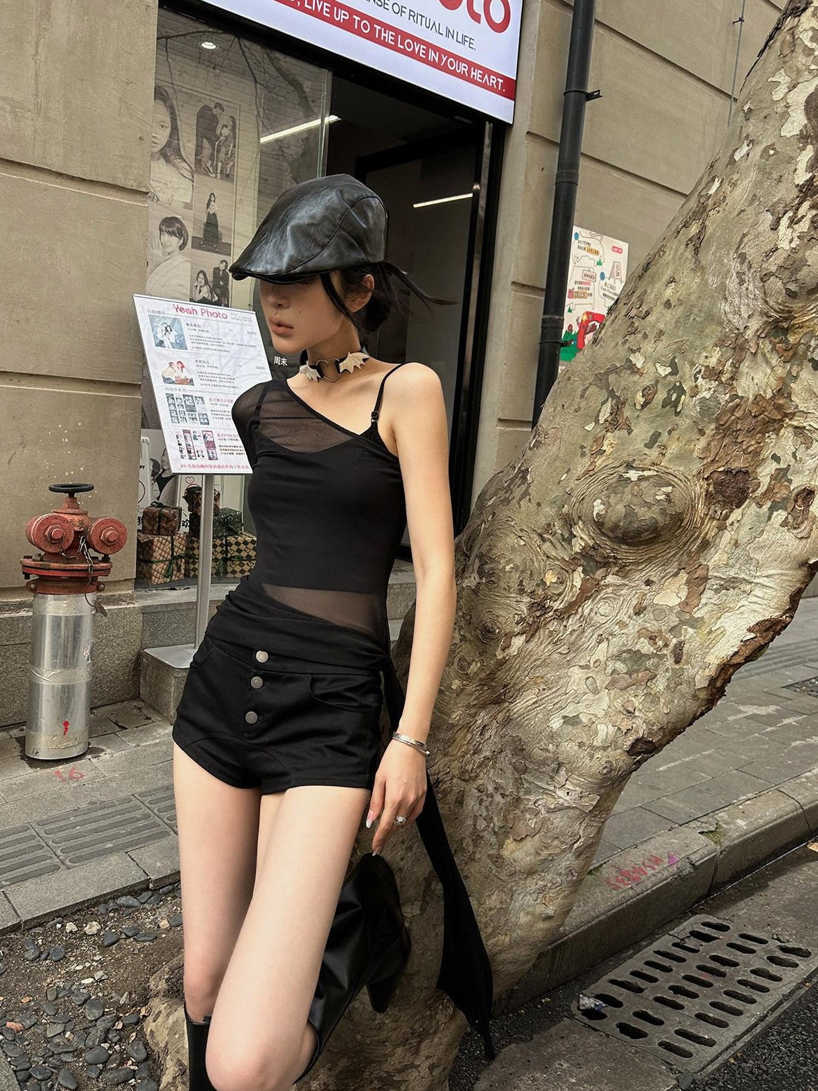 Fanptntox Asymmetric Ribbon One Shoulder Slim Fit Black Women's Long Sleeve T-shirts