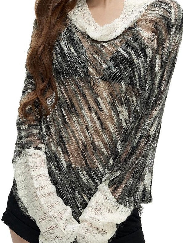 Fanptntox Asymmetric Striped Knit Panel Loose Women's Sweaters