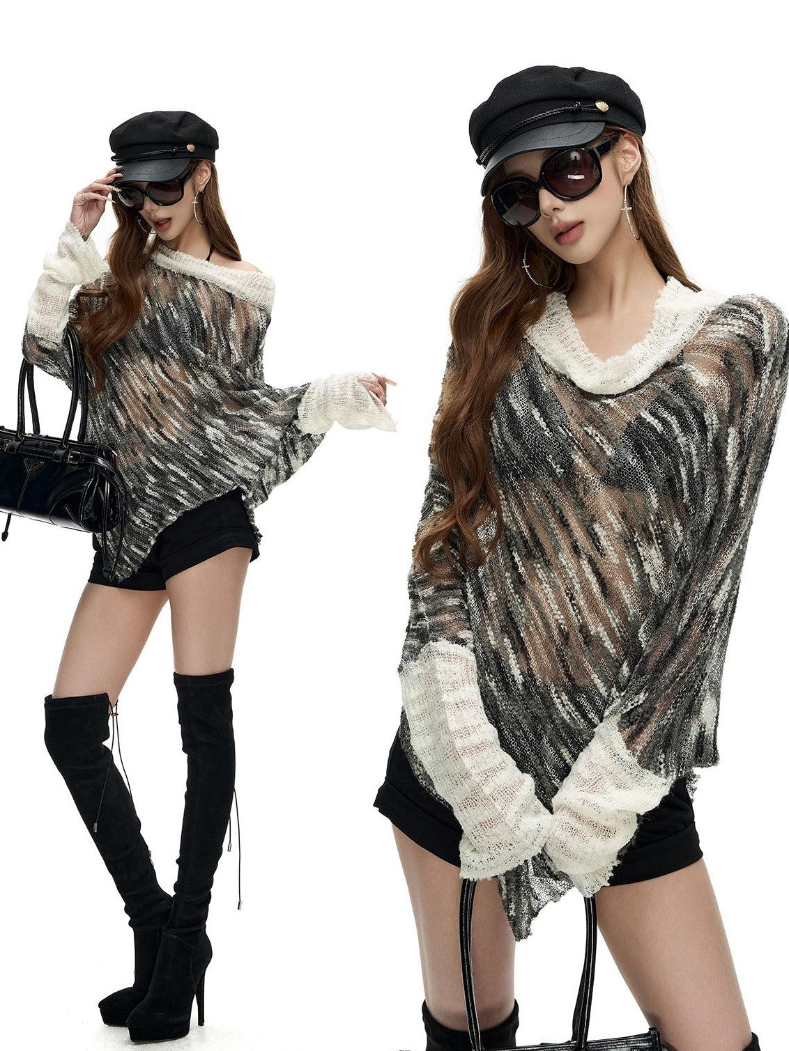 Fanptntox Asymmetric Striped Knit Panel Loose Women's Sweaters