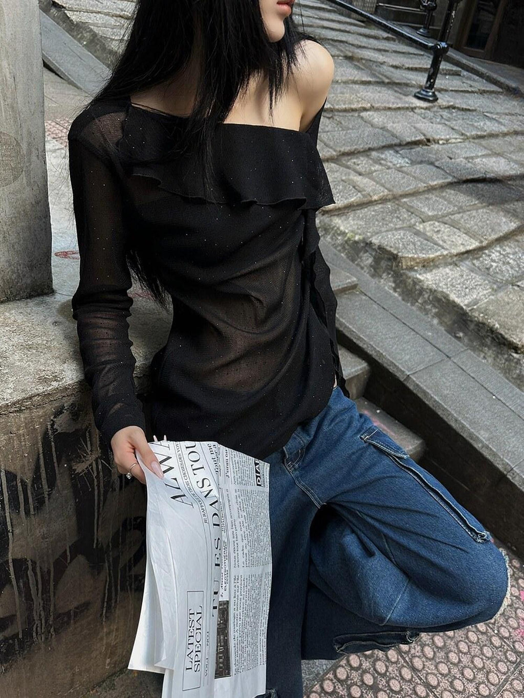 Fanptntox Asymmetrical Ribbon Tie Rhinestone Slim Fit Women's Mesh Long Sleeve T-shirts