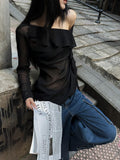 Fanptntox Asymmetrical Ribbon Tie Rhinestone Slim Fit Women's Mesh Long Sleeve T-shirts