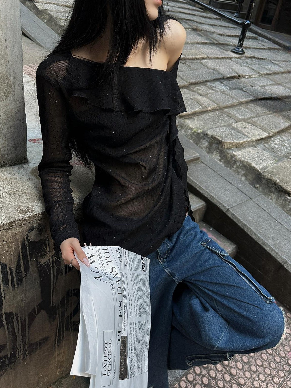 Fanptntox Asymmetrical Ribbon Tie Rhinestone Slim Fit Women's Mesh Long Sleeve T-shirts