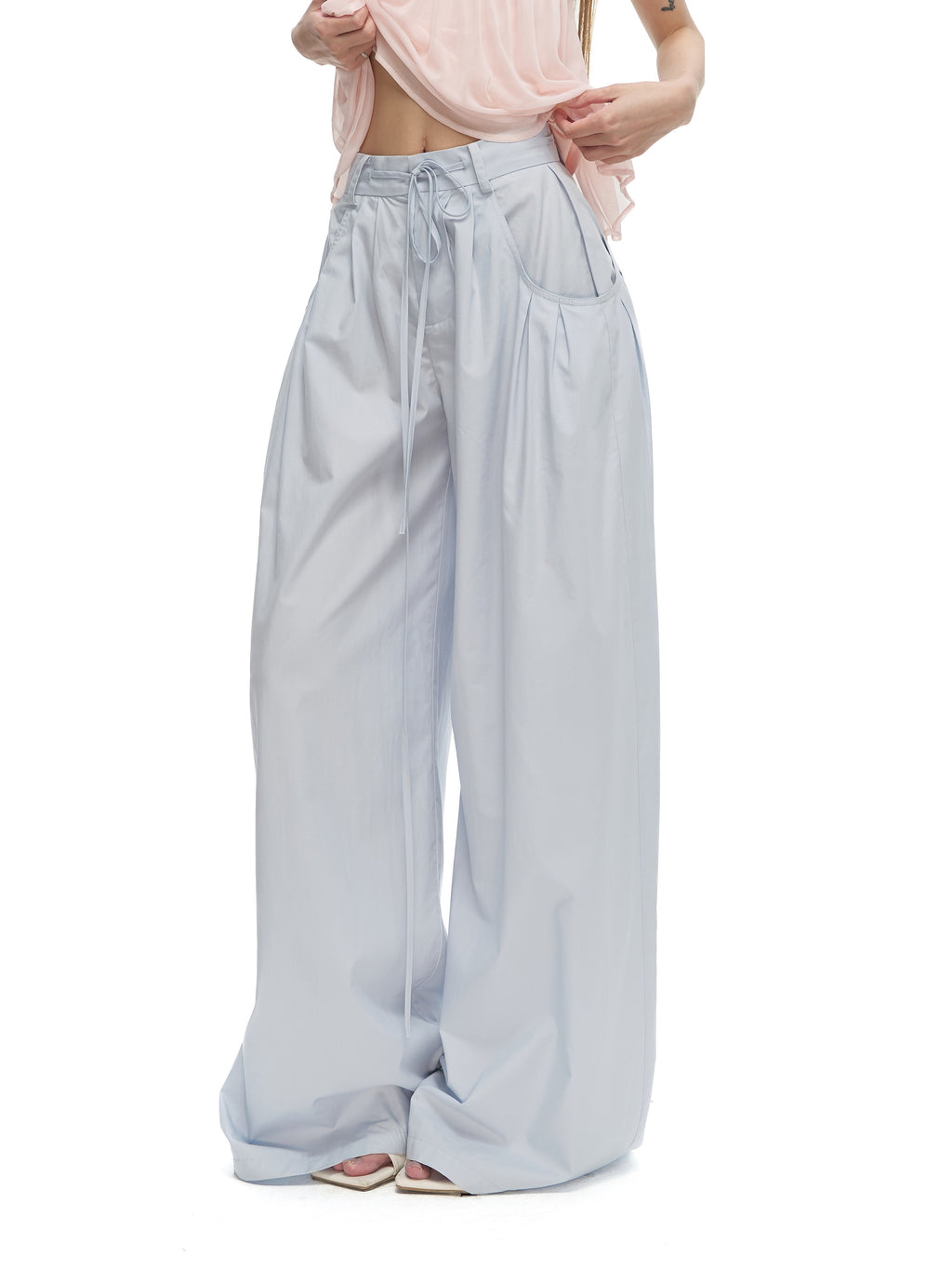 Fanptntox_Baby_Blue_Drawstring_Gathered_Solid_Woven_Women's_Cotton_Wide-leg_Pants_1062237785632_MISSTT
