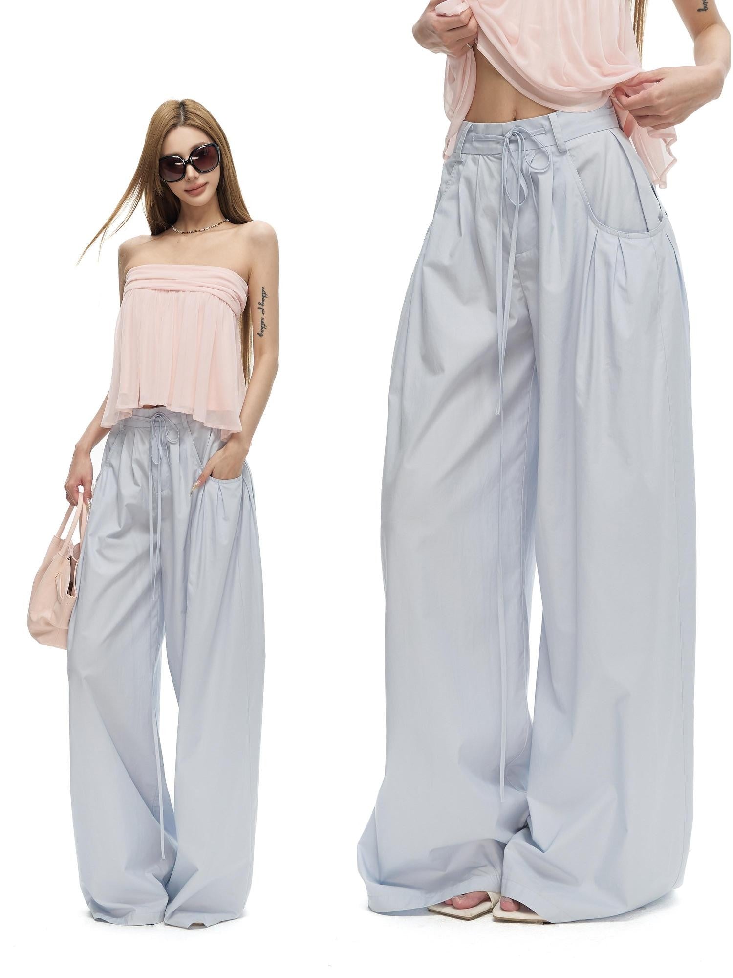 Fanptntox Baby Blue Drawstring Gathered Solid Woven Women's Cotton Wide-leg Pants