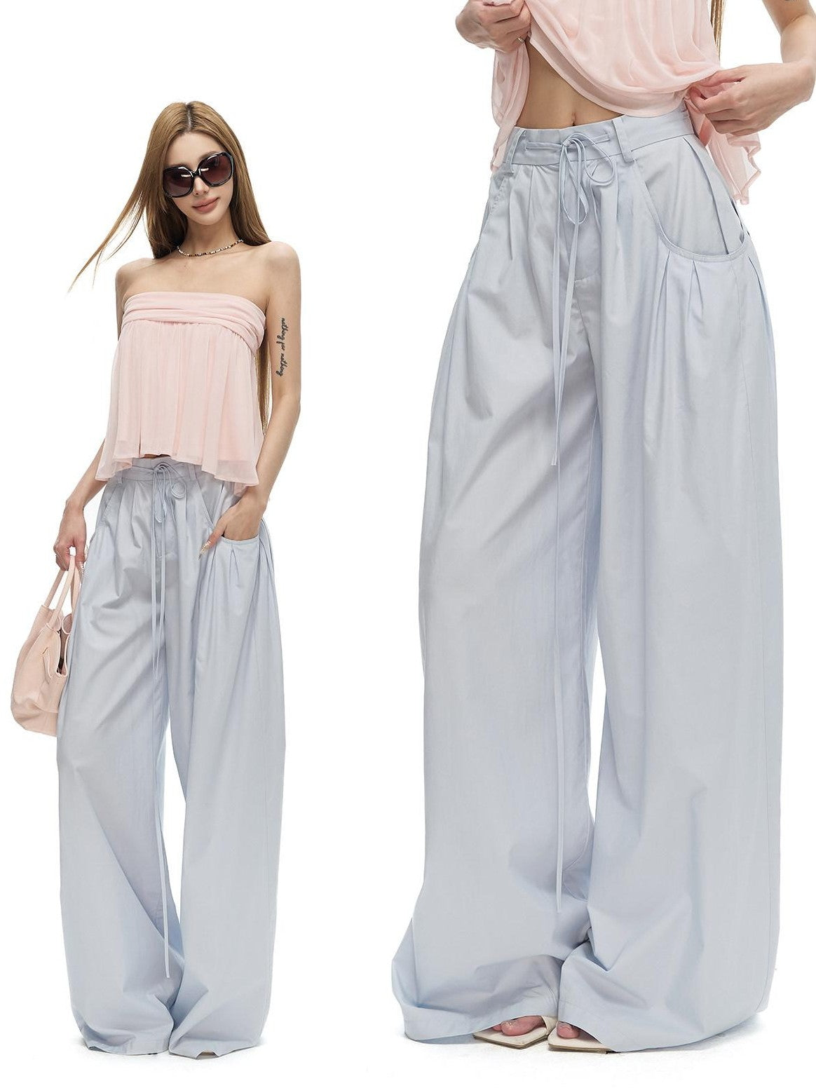 Fanptntox Baby Blue Drawstring Gathered Solid Woven Women's Cotton Wide-leg Pants