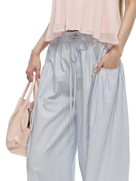 Fanptntox Baby Blue Drawstring Gathered Solid Woven Women's Cotton Wide-leg Pants