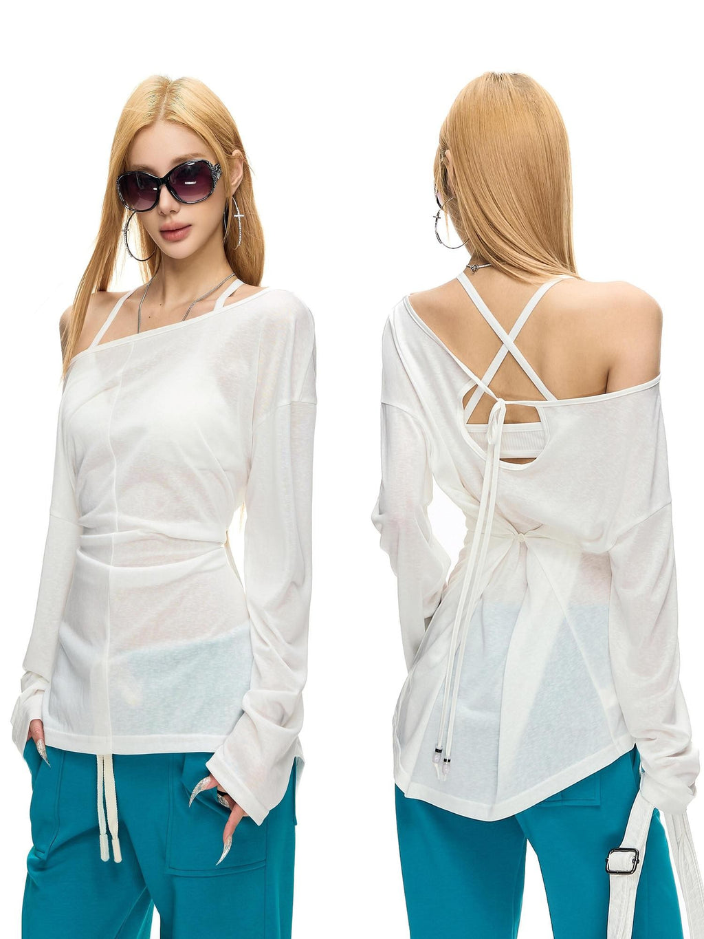 Fanptntox Back Beaded Two Way Knit Sheer Women's Lyocell Long Sleeve T-shirts