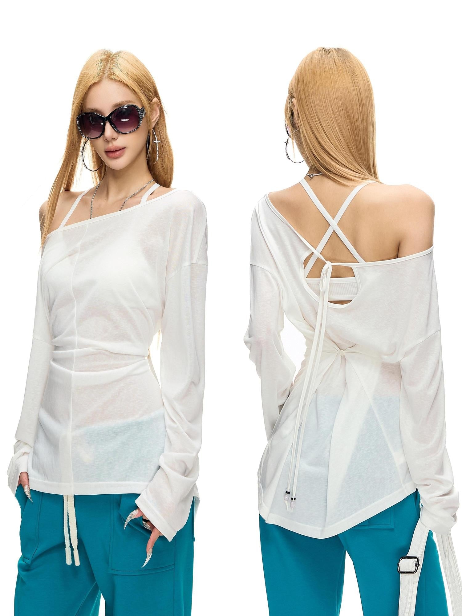 Fanptntox Back Beaded Two Way Knit Sheer Women's Lyocell Long Sleeve T-shirts