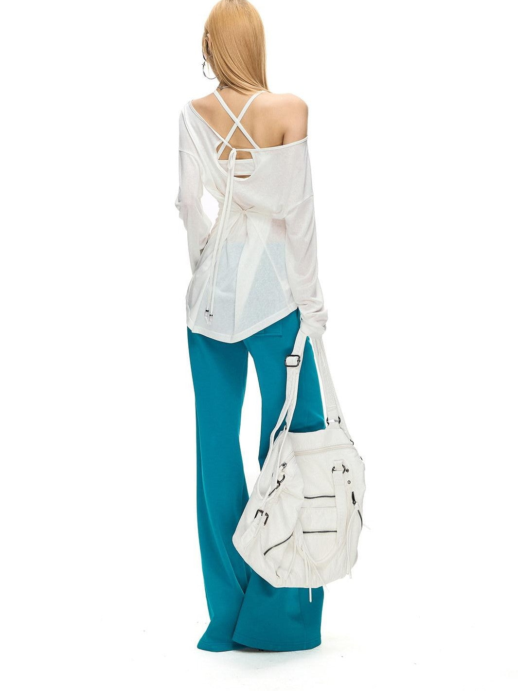 Fanptntox Back Beaded Two Way Knit Sheer Women's Lyocell Long Sleeve T-shirts