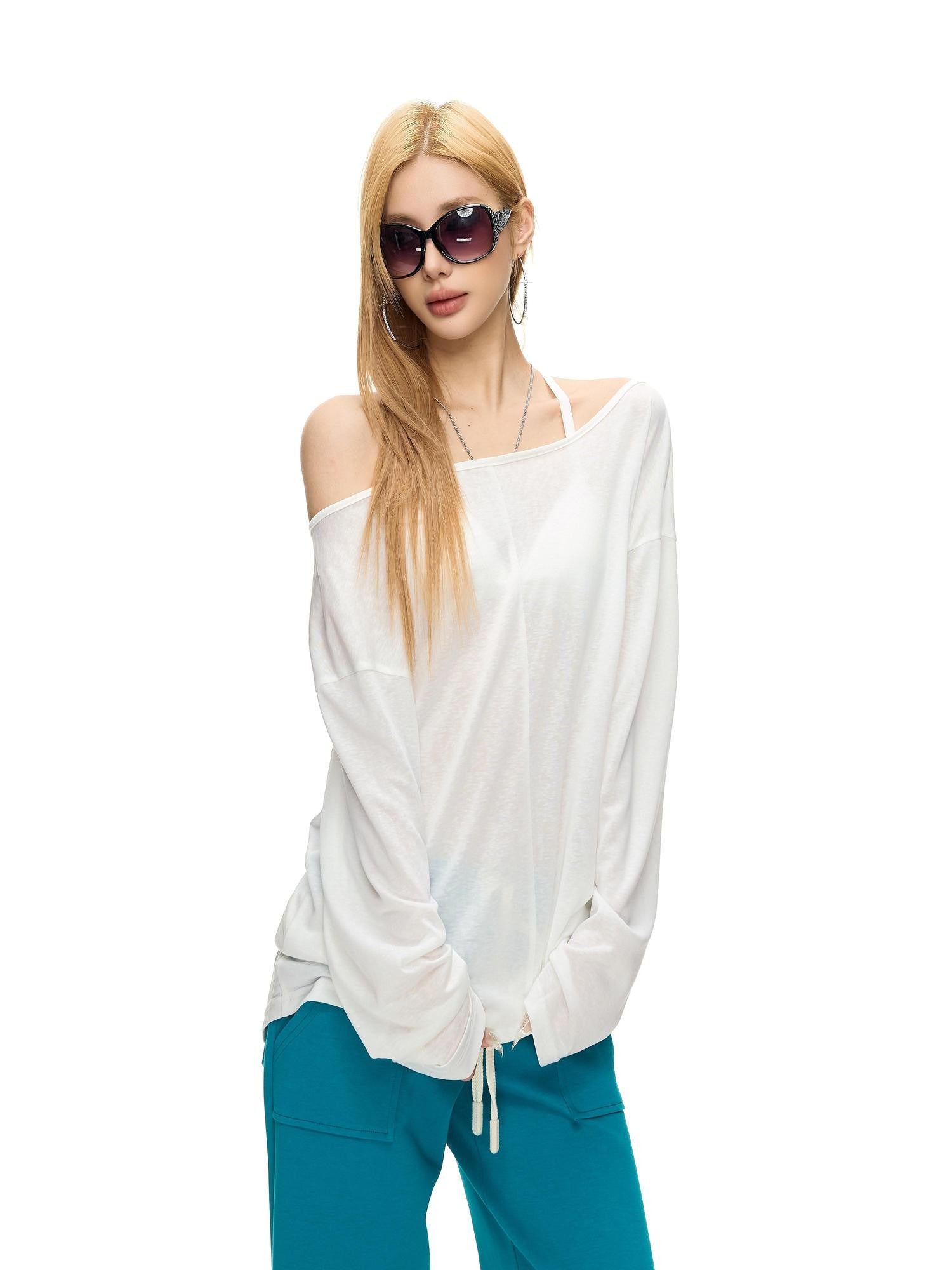 Fanptntox Back Beaded Two Way Knit Sheer Women's Lyocell Long Sleeve T-shirts