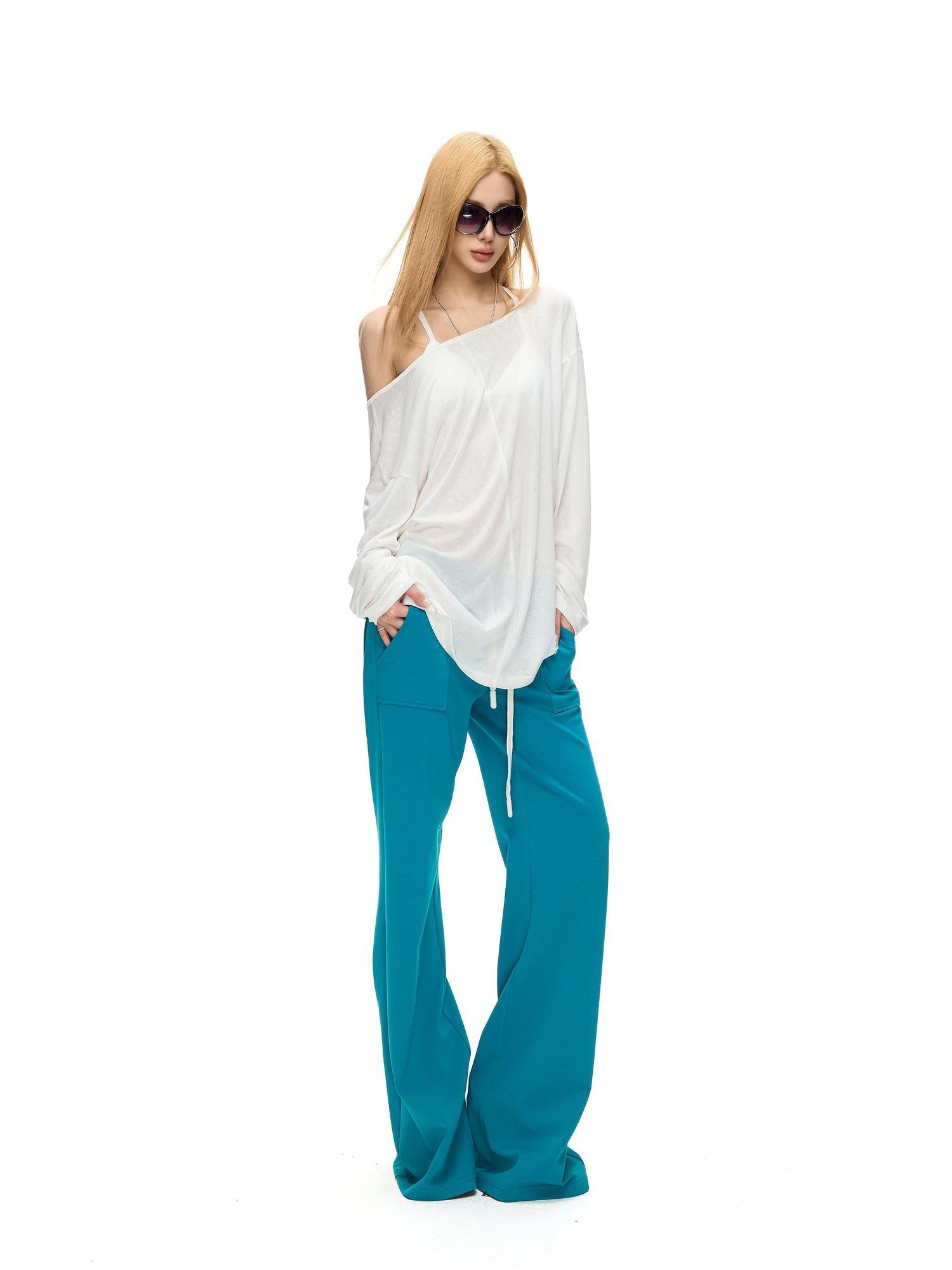 Fanptntox Back Beaded Two Way Knit Sheer Women's Lyocell Long Sleeve T-shirts