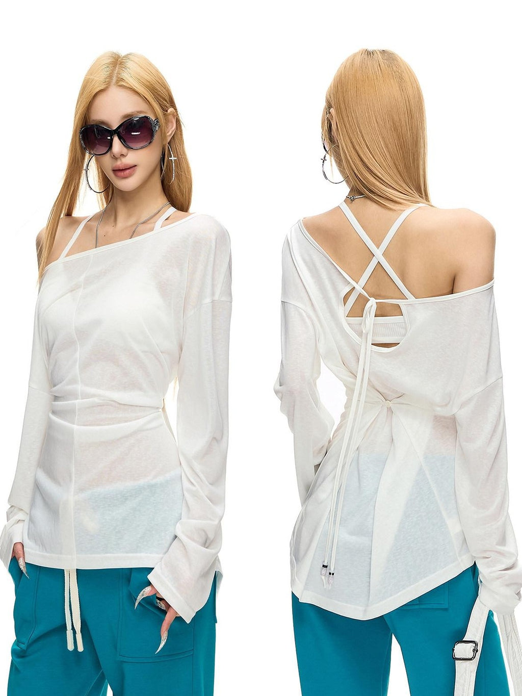 Fanptntox Back Beaded Two Way Knit Sheer Women's Lyocell Long Sleeve T-shirts