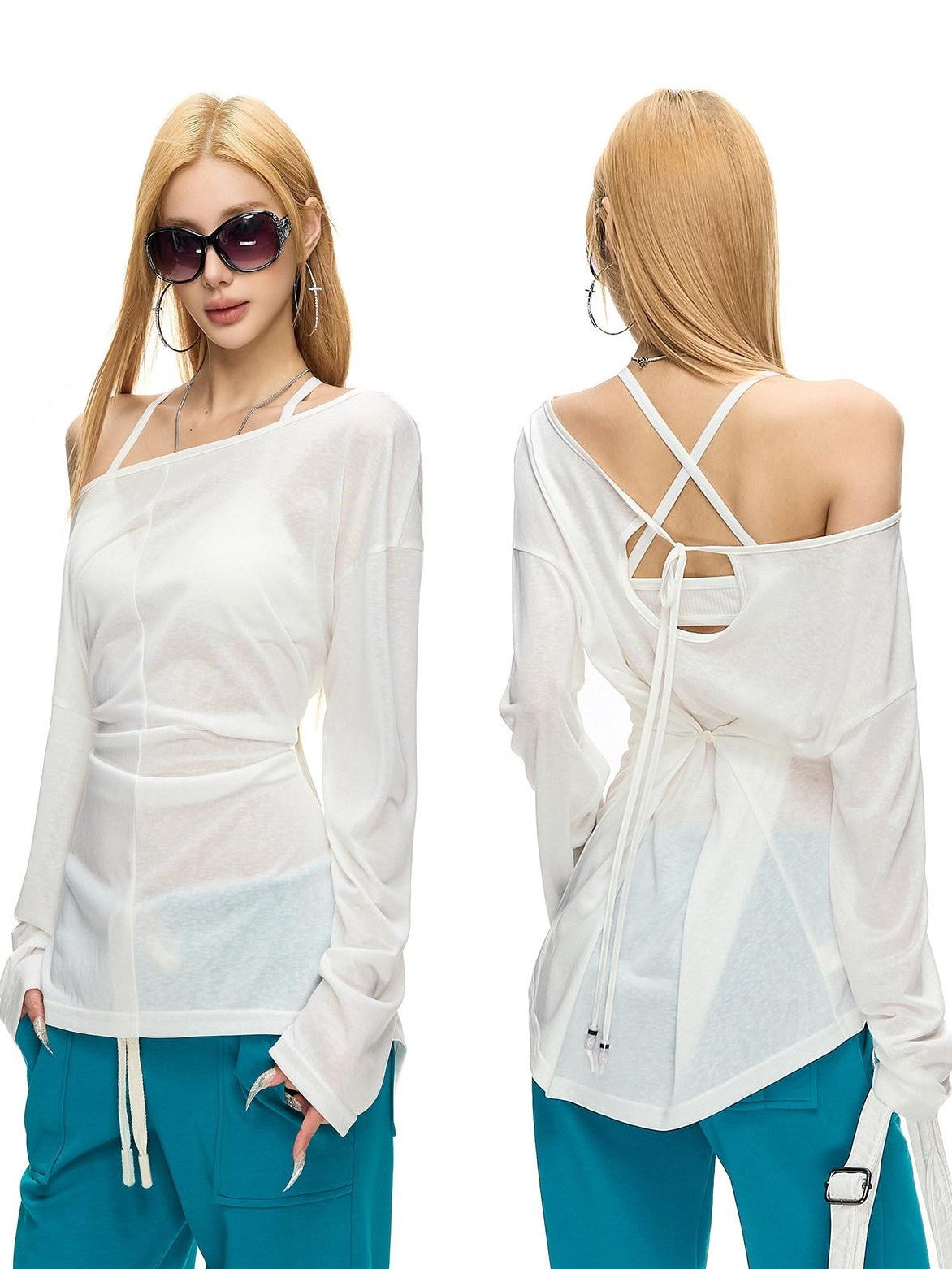 Fanptntox Back Beaded Two Way Knit Sheer Women's Lyocell Long Sleeve T-shirts