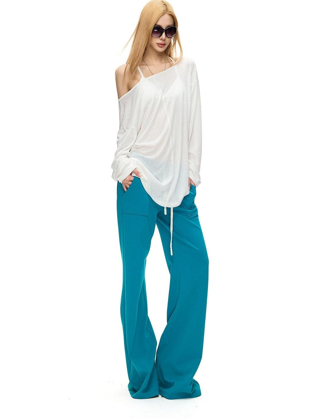 Fanptntox Back Beaded Two Way Knit Sheer Women's Lyocell Long Sleeve T-shirts