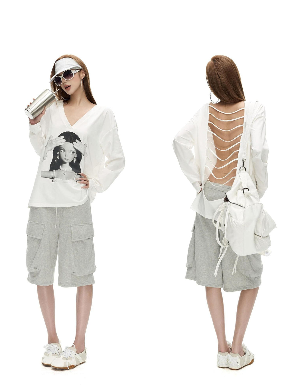 Fanptntox Back Cutout Figure Print V-neck Loose Women's Cotton Blend Long Sleeve T-shirts