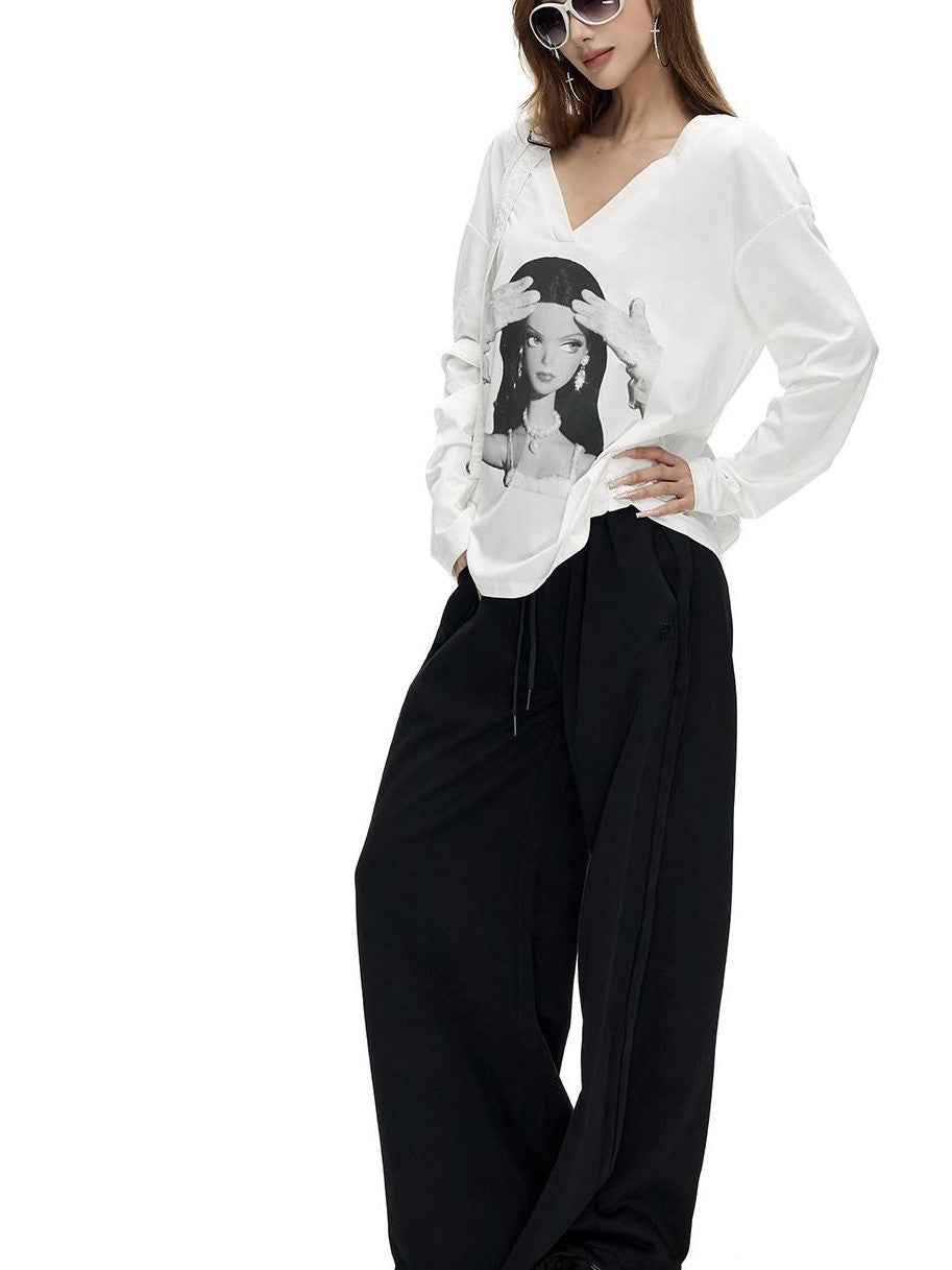 Fanptntox Back Cutout Figure Print V-neck Loose Women's Cotton Blend Long Sleeve T-shirts