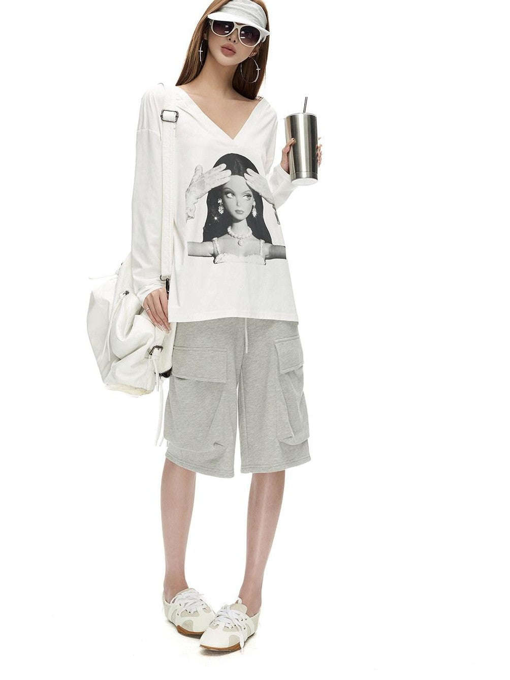 Fanptntox Back Cutout Figure Print V-neck Loose Women's Cotton Blend Long Sleeve T-shirts