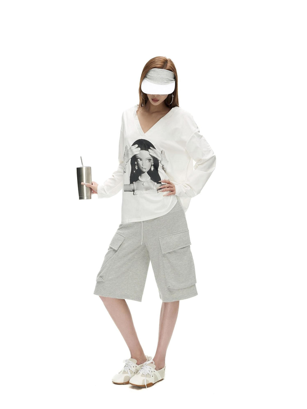 Fanptntox Back Cutout Figure Print V-neck Loose Women's Cotton Blend Long Sleeve T-shirts