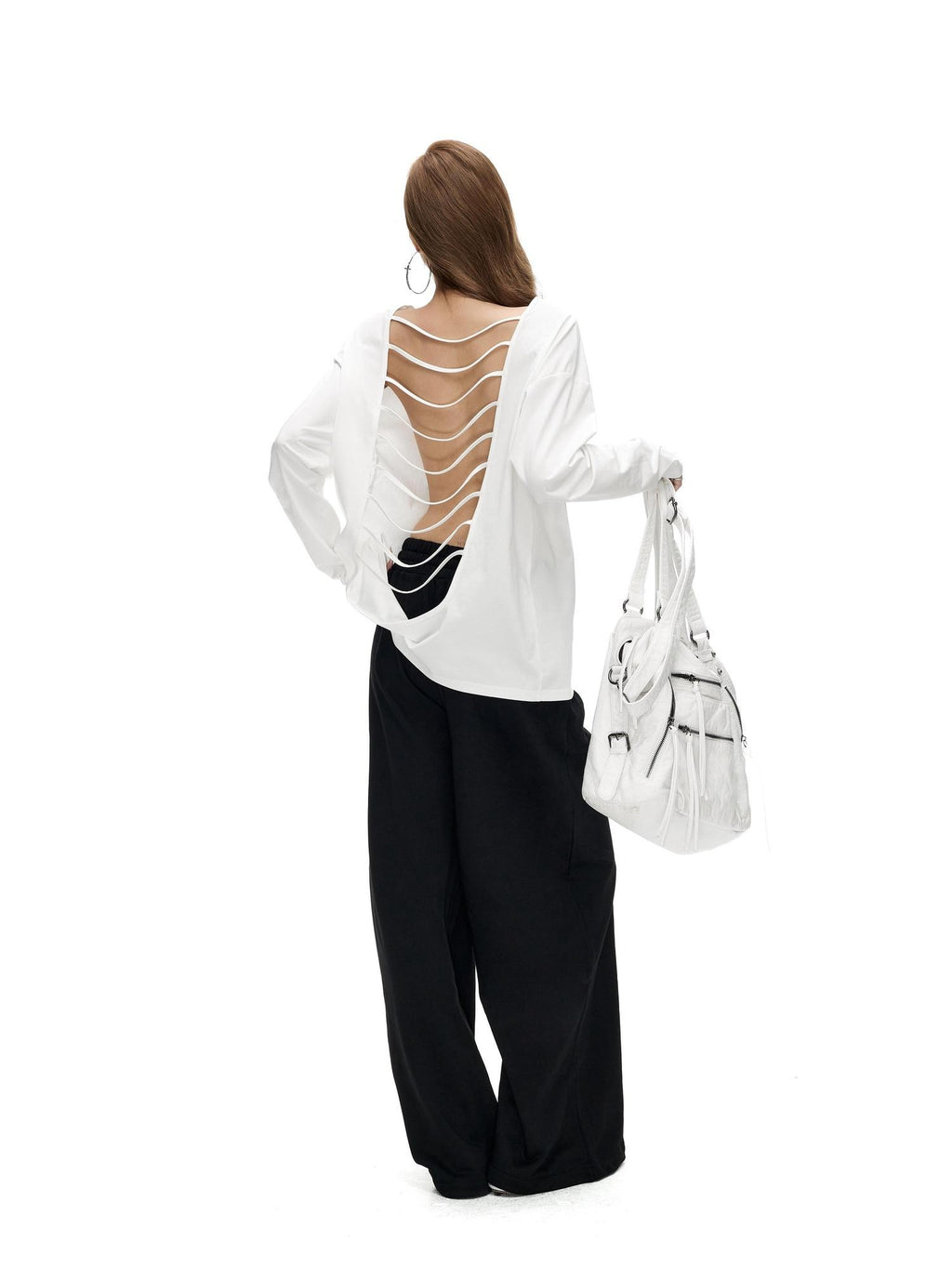 Fanptntox Back Cutout Figure Print V-neck Loose Women's Cotton Blend Long Sleeve T-shirts
